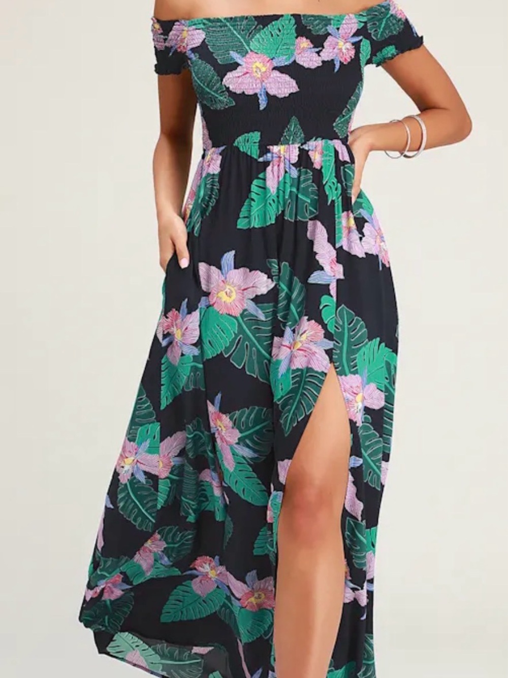 NWT Lulu's Navy Off The Shoulder Floral Maxi Dress with Green Leaf Print